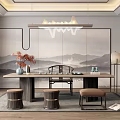 Chinese Tea Room Interior Featuring Mountain Landscape Wall Tea Table Wooden Stools And Pendant Light