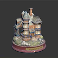 Vintage Victorian House Model With Spire Chimney Red Base Balcony And Greenery