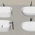 Four White Bathtubs With Different Shapes On Light Colored Tile Floor And Black Faucets
