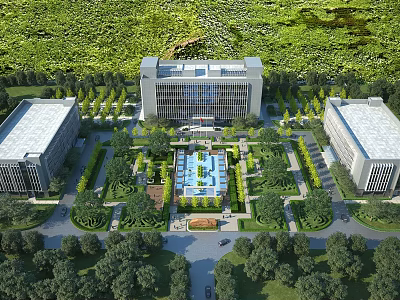 Aerial View Planning of Modern Architectural Complex Featuring Central Fountain Green Spaces Trees and Roadways 3d model