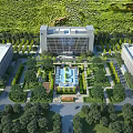 Aerial View Planning of Modern Architectural Complex Featuring Central Fountain Green Spaces Trees and Roadways