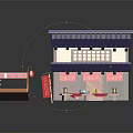 Cartoon Scene of Japanese Style Shop With Purple Roof Wooden Structure Red Signs and Tables