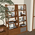 Modern Wooden Ladder Bookshelves With Books Decorative Vases And Photo Frames In Living Room