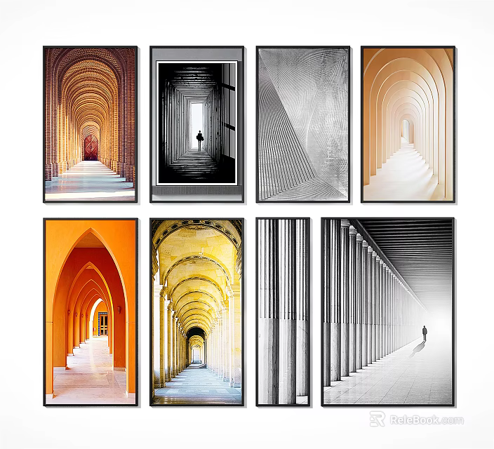Landscape Paintings Featuring Arched Corridors Symmetrical Architecture And Perspective Light Effects 3d model