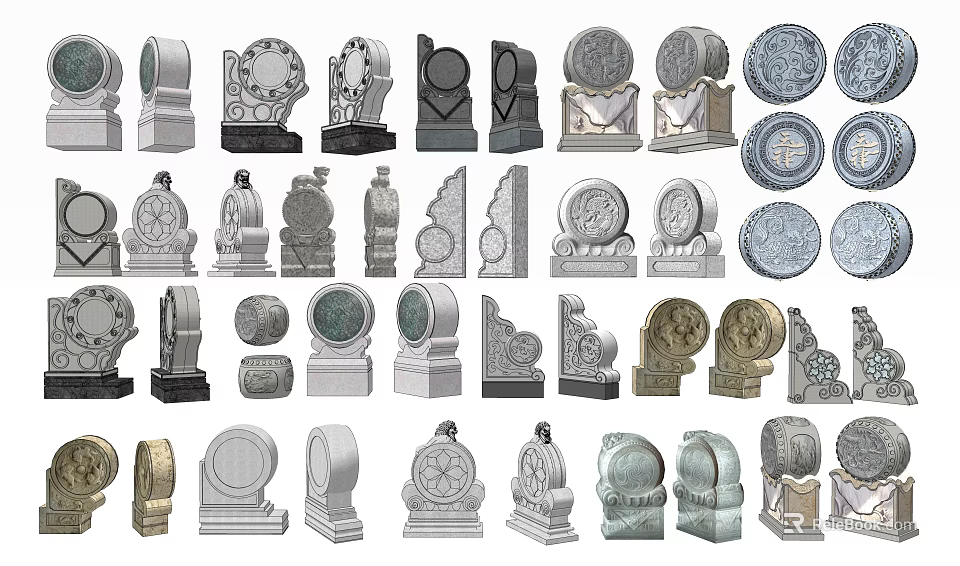 Stone Wood Decorative Carvings Featuring Various Architectural Design And Craft Elements 3d model