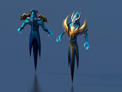 Two Game Movie Characters With Blue And Gold Detailed Fantasy Armor And Spiked Design 3d model