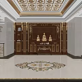 Luxurious Hotel Lobby Interior With Ornate Ceiling Wooden Backdrop And Marble Floor Inlaid Pattern