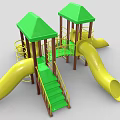 Outdoor Children Playground Equipment With Green Canopies Yellow Slides And Stairs