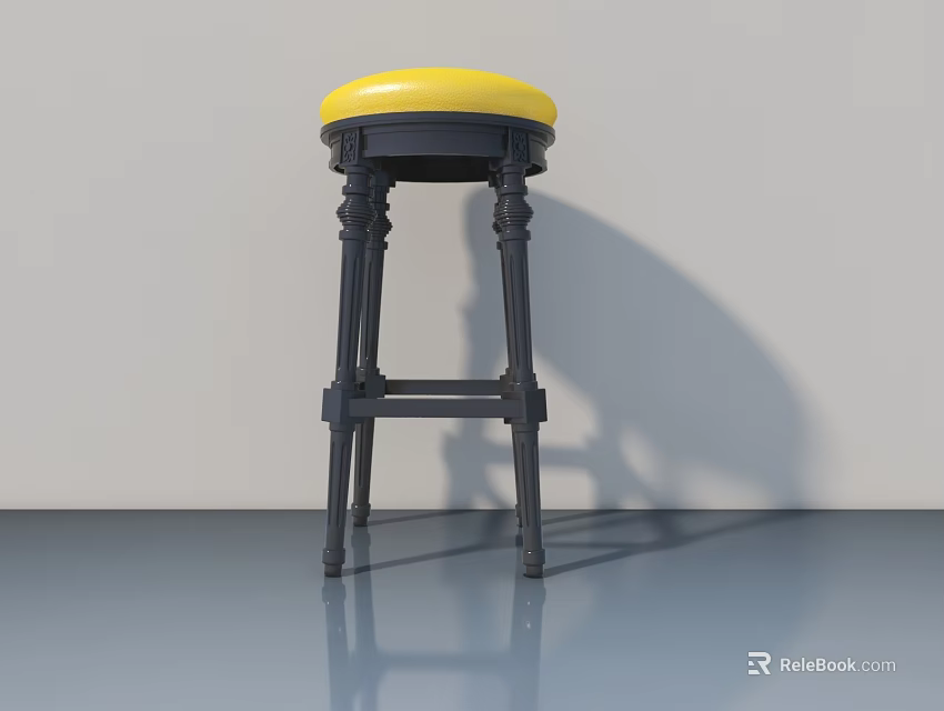 Black Bar Stool With Yellow Padded Seat On Gray Floor And White Wall 3d model 