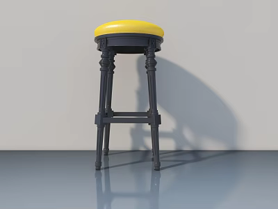 Black Bar Stool With Yellow Padded Seat On Gray Floor And White Wall 3d model