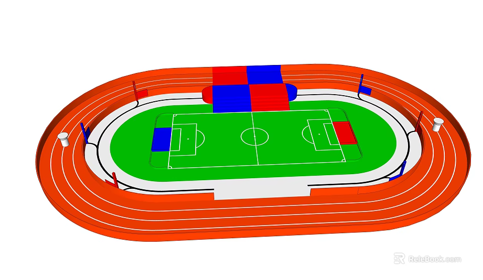 Football Field With Green Turf Orange Running Track And Red Blue Stands 3d model 