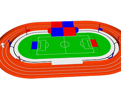 Football Field With Green Turf Orange Running Track And Red Blue Stands 3d model