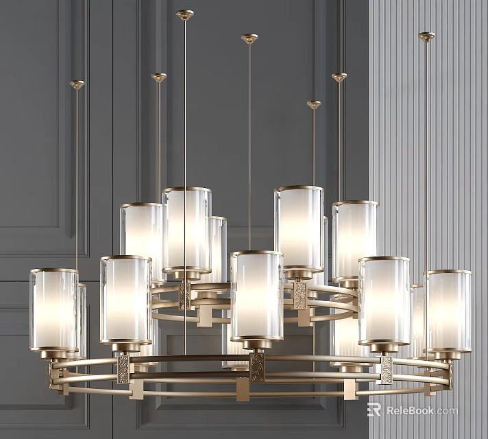 Modern Elegant Chandelier With Circular Brass Frame And Transparent Glass Shades 3d model 