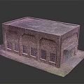 Red Brick Building Model With Arched Windows And Gray Roof On Grass Field And Path