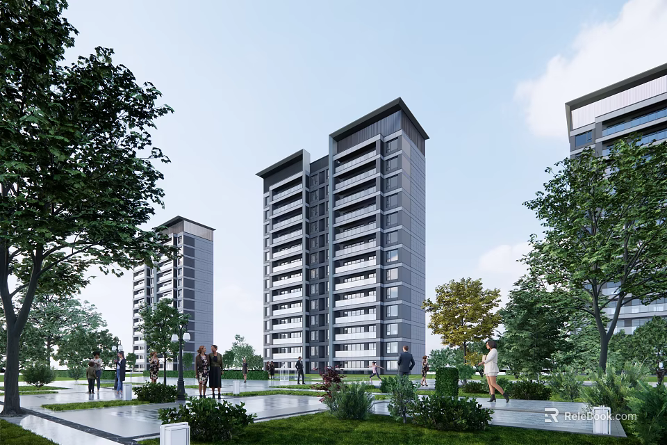 Modern Tall Residential Buildings Featuring Greenery Outdoor Courtyard And People Walking 3d model 