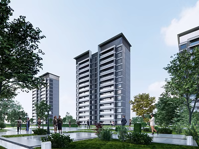Modern Tall Residential Buildings Featuring Greenery Outdoor Courtyard And People Walking 3d model