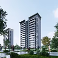 Modern Tall Residential Buildings Featuring Greenery Outdoor Courtyard And People Walking