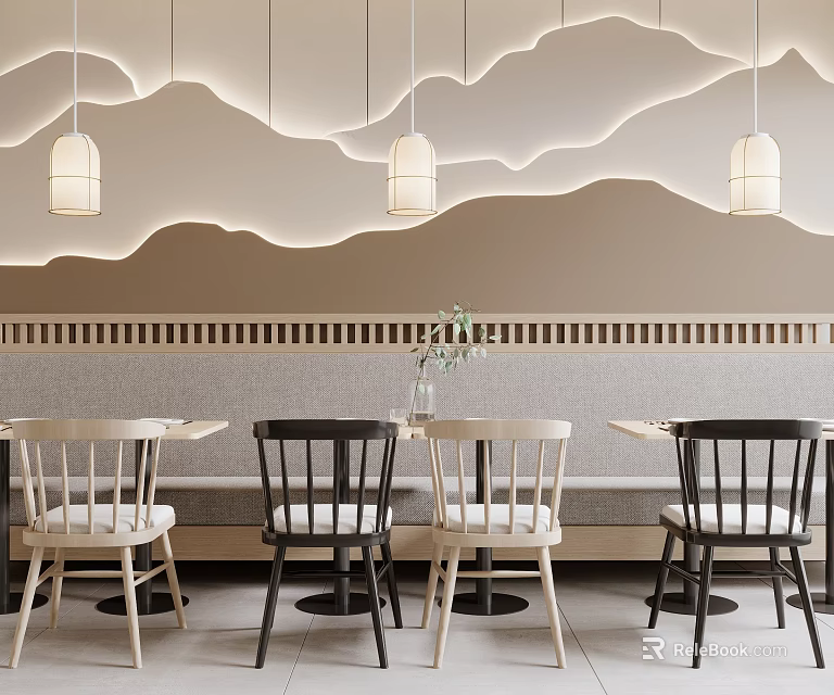 Modern White And Black Public Chairs In Cafe With Curved Line Wall And Hanging Lamps 3d model 