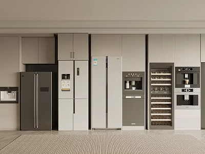 Modern Kitchen Interior Showcasing Stylish Refrigerators Freezers With Built In And Freestanding Designs 3d model