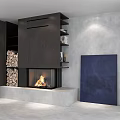 Lit Modern Fireplace With Stacked Wood Logs And Abstract Painting On Gray Walls