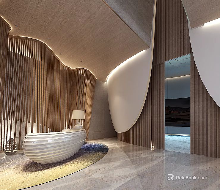 Modern Reception Desk With Curved Wooden Panels And Soft Lighting In Contemporary Lobby 3d model 