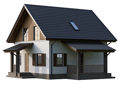 Wooden House Exterior Design With Black Tiled Roof Solar Panel Porch And Windows 3d model