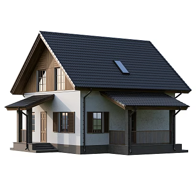 Wooden House Exterior Design With Black Tiled Roof Solar Panel Porch And Windows 3d model