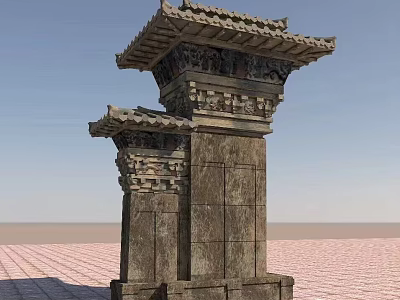 Traditional Garden Architectural Structure With Carved Tiled Roof And Stone Pillars 3d model