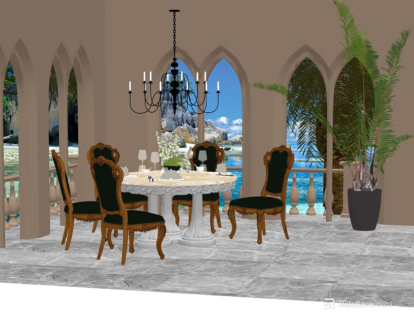 Elegant Dining Table Set With Wooden Chairs Chandelier Arched Windows Potted Plant And Sea View 3d model 