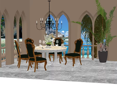 Elegant Dining Table Set With Wooden Chairs Chandelier Arched Windows Potted Plant And Sea View 3d model