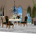 Elegant Dining Table Set With Wooden Chairs Chandelier Arched Windows Potted Plant And Sea View