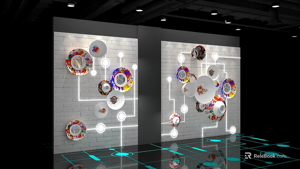 Artistic Wall Display With Colorful Patterned Plates White Circular Decorations Lines And Blue Floor Reflections 3d model 