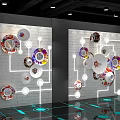 Artistic Wall Display With Colorful Patterned Plates White Circular Decorations Lines And Blue Floor Reflections