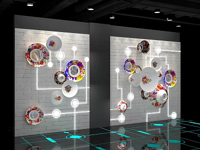 Artistic Wall Display With Colorful Patterned Plates White Circular Decorations Lines And Blue Floor Reflections 3d model