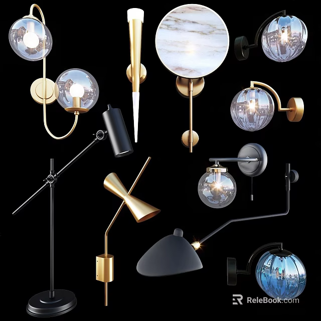Modern Contemporary Lighting Combinations With Chandeliers Wall Sconces Table Lamps Glass Globes And Metal Frames 3d model 