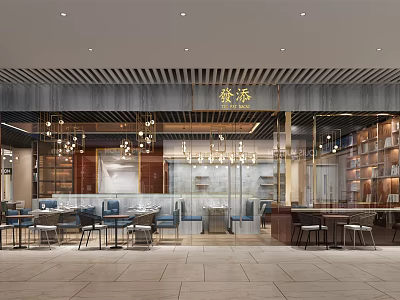 Elegant Modern Restaurant Interior With Dining Tables Chandeliers Bookshelves And Glass Partitions 3d model