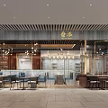 Elegant Modern Restaurant Interior With Dining Tables Chandeliers Bookshelves And Glass Partitions