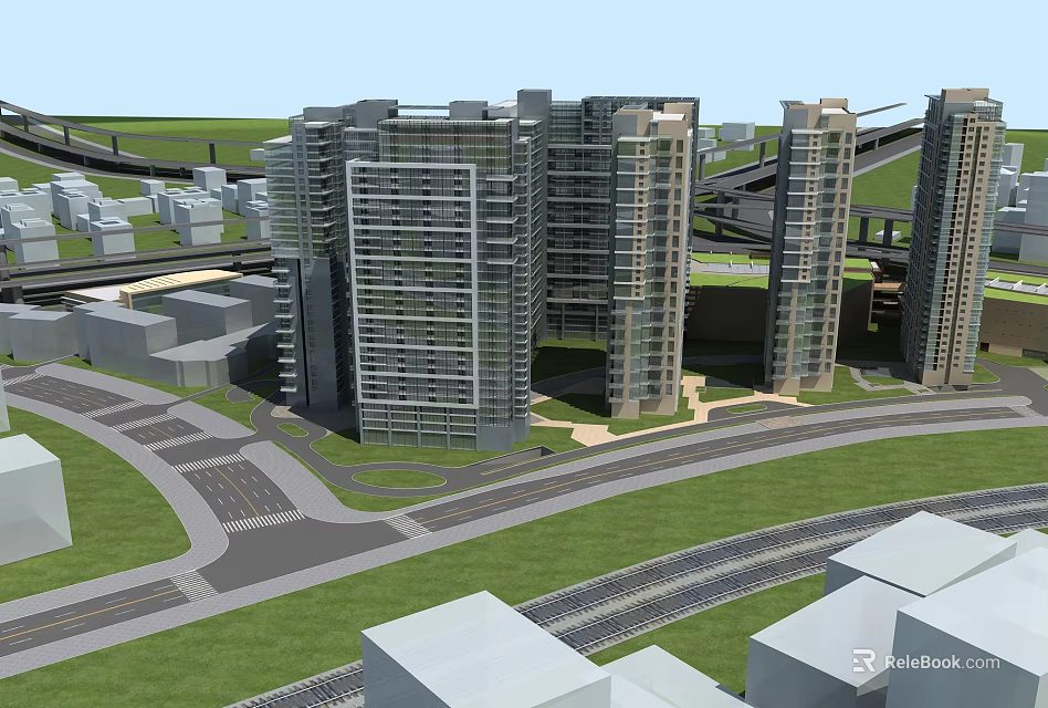Modern High Rise Residential Towers in Urban Setting With Green Spaces and Roads 3d model 