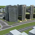 Modern High Rise Residential Towers in Urban Setting With Green Spaces and Roads