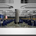 Banquet Hall Interior Design With Blue Chair Covers White Tablecloths Moon Stars Backdrop And Chandelier