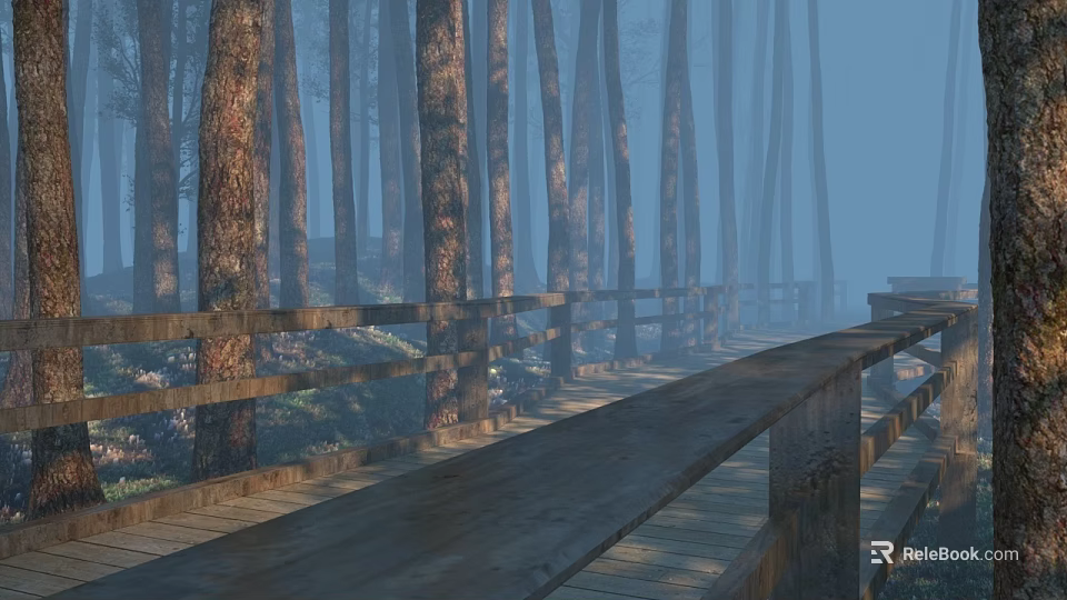 Scenic Misty Forest With Tall Trees Along Wooden Boardwalk And Railings 3d model 