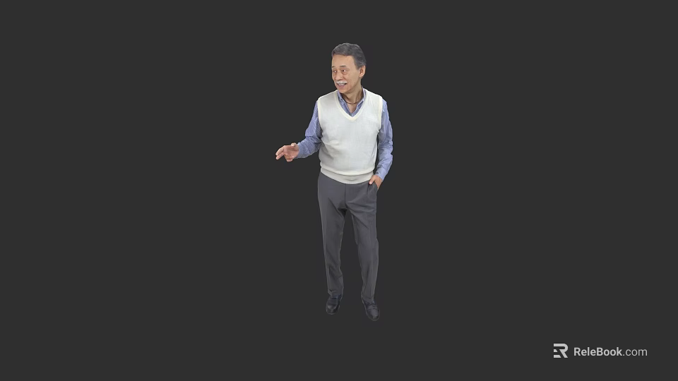 Man In White Vest And Blue Shirt With Gray Pants Extending Hand On Black Background 3d model 