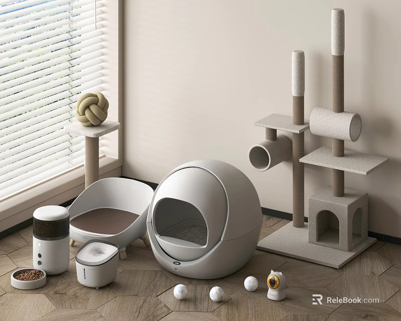 Cozy Cat Space With Modern Round Bed Tree Bowls And Toy Balls 3d model 