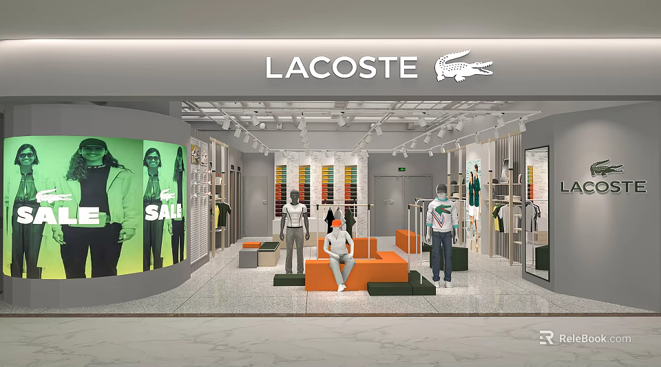 LACOSTE Clothing Store Interior With Mannequins Clothing Displays And Orange Sofas 3d model 