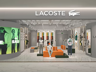 LACOSTE Clothing Store Interior With Mannequins Clothing Displays And Orange Sofas 3d model