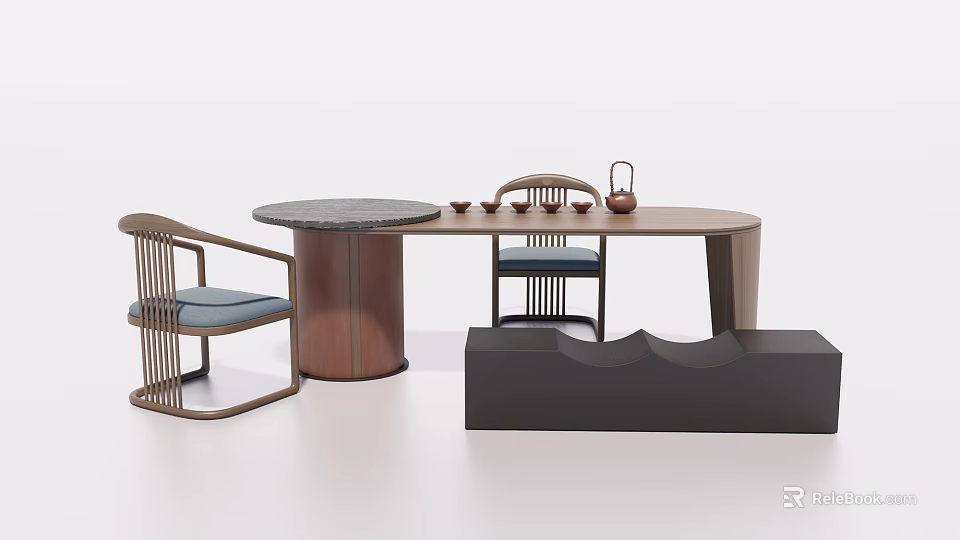 Modern Tea Table And Chairs Set With Marble Top And Tea Utensils 3d model