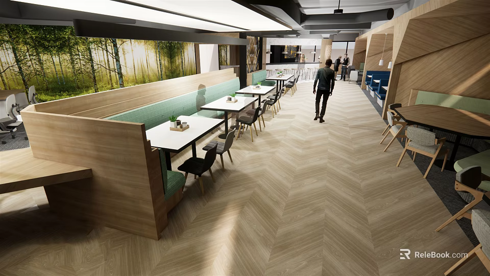 Modern Restaurant Interior Design With Wooden Booths Green Seating Herringbone Floor And Natural Landscape Wall 3d model 