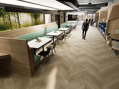 Modern Restaurant Interior Design With Wooden Booths Green Seating Herringbone Floor And Natural Landscape Wall 3d model