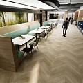 Modern Restaurant Interior Design With Wooden Booths Green Seating Herringbone Floor And Natural Landscape Wall