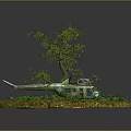Lush Green Plants And Tree With Grass Fallen Leaves Around Helicopter Wreckage